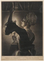 Lucubration féminine, gravure réalisée par Philip Dawe, 1772